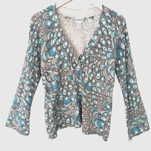 Chicos Sweater Cardigan 0 / S Blue Peacock Shimmer One Button